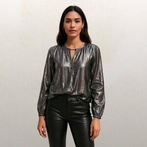 Guess Liquid Metal Long Sleeve Silver Top - Size Large